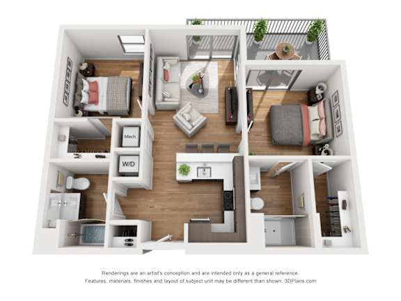 A 3D floor plan of a small apartment with a kitchen, living room, and bedroom.