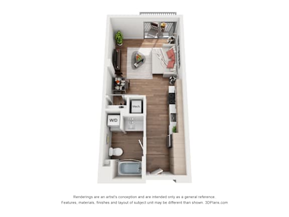 A floor plan of a small apartment with a kitchen, living room, and bathroom.
