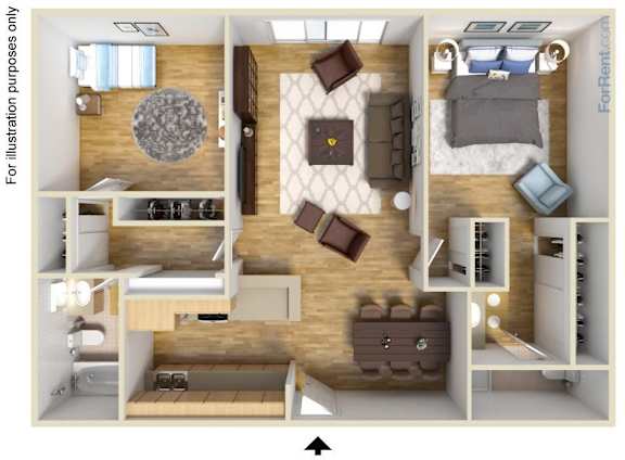 A top-down view of a room with a bed, a couch, a table, and a chair.