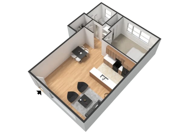 the living room floor plan with a bedroom and a dining room