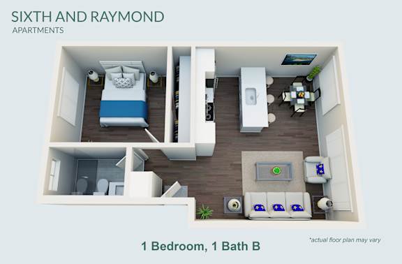 A floor plan of a one bedroom apartment with one bathroom.