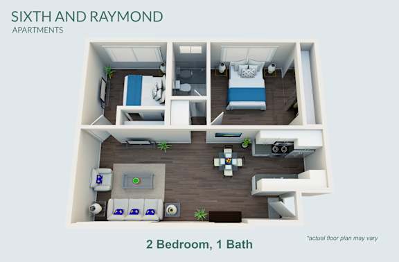 A floor plan of a small apartment with two bedrooms and one bathroom.