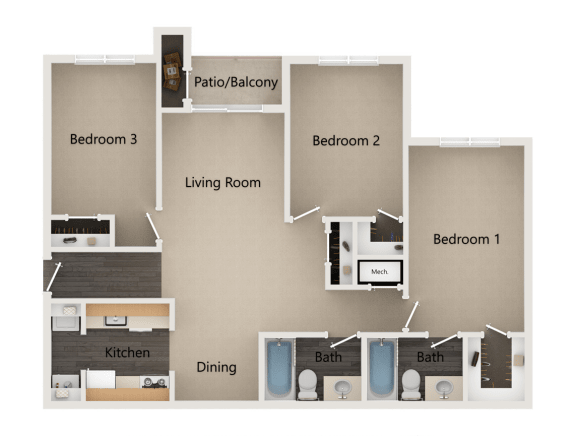 vs5 3 Bed/2 Bath 1097 sq ft Floor Plan