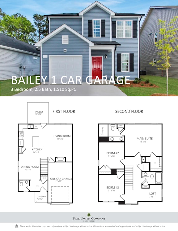 A blue house with a red door and a garage is advertised for sale.