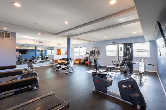 a gym with cardio machines and other exercise equipment in a building