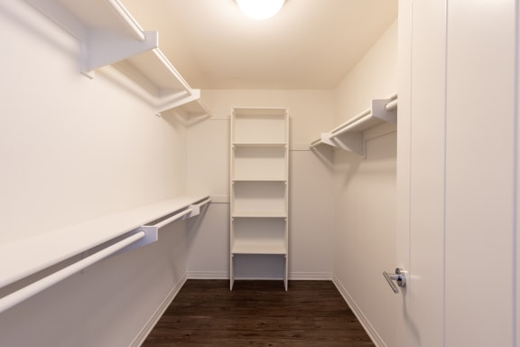 a walk in closet with white shelves and a ladder