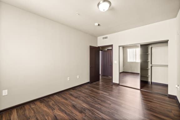 a living room with white walls and wooden floors and a closet