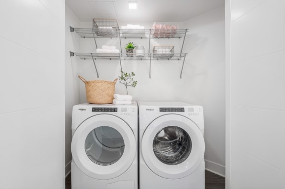 a washer and dryer in a laundry room with white walls