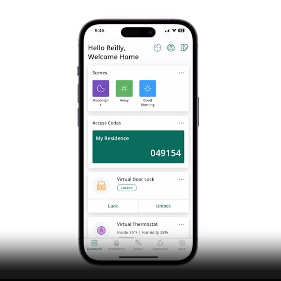 A smartphone screen displays a home automation app with scenes, access codes, and device statuses.