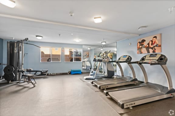 treadmills and other exercise equipment in a gym with blue walls at Dronfield Astoria Apartments, CA, 91342