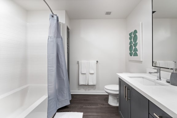 a bathroom with a shower and a sink and a toilet