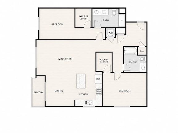 A floor plan of a house with a living room, dining room, kitchen, two bedrooms, a bathroom, a walk-in closet, and a balcony.