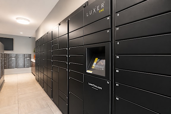 A row of black lockers with the word LUXER on the top.