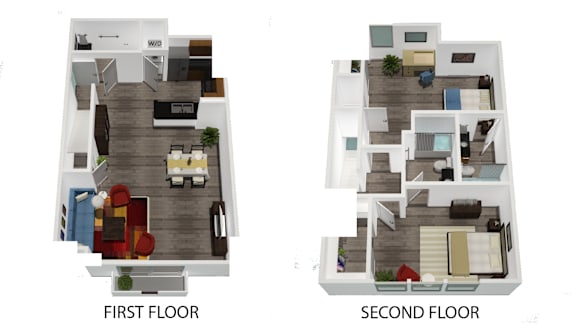 two floor plans of the first floor and second floor of a house at Legacy Apartments, California, 91325