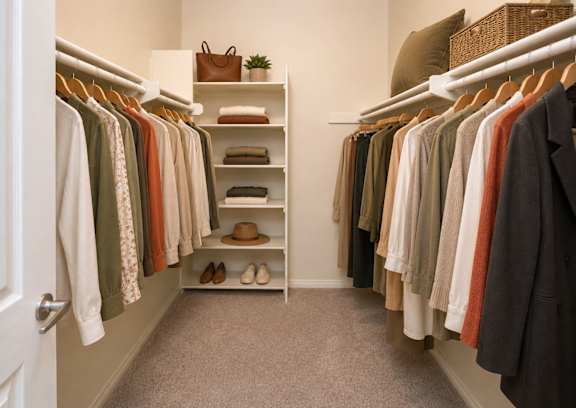 A closet with clothes hanging and shelves with shoes and baskets.