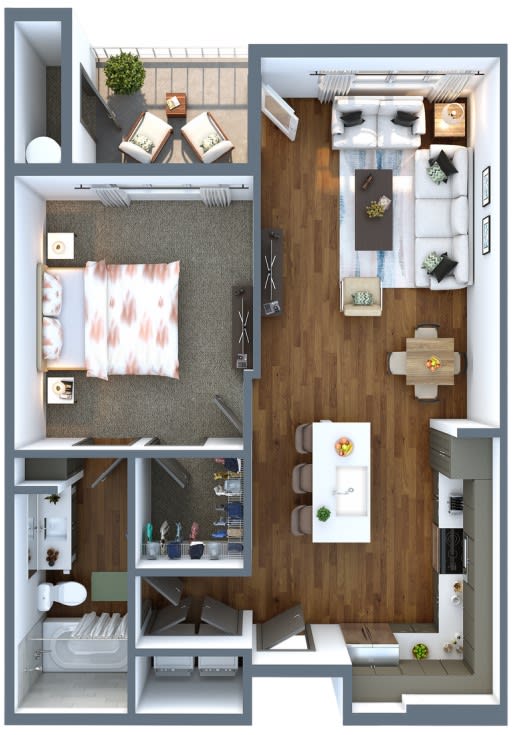 a 3d drawing of a one bedroom with a bathroom and a living room at Elevation San Tan, Gilbert, AZ