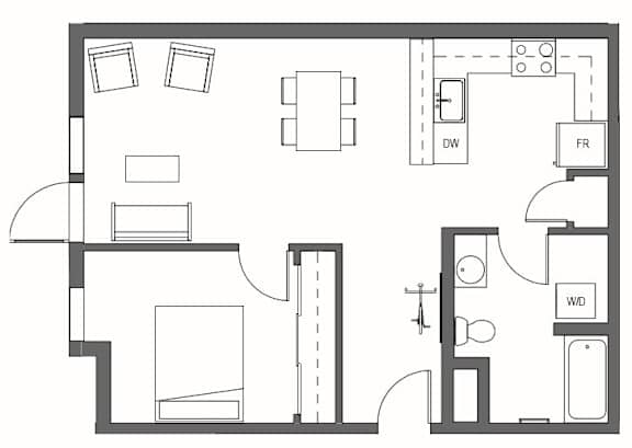 A floor plan of a house with a kitchen, living room, dining room, and bathrooms at Decibel on 12th, Seattle, Washington