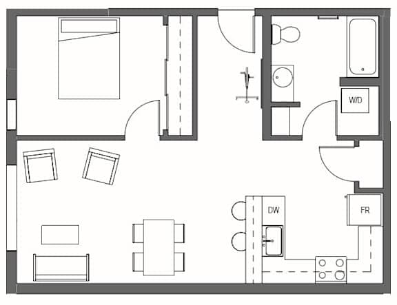 A floor plan of a house with a kitchen, living room, and bathrooms at Decibel on 12th, Seattle, Washington