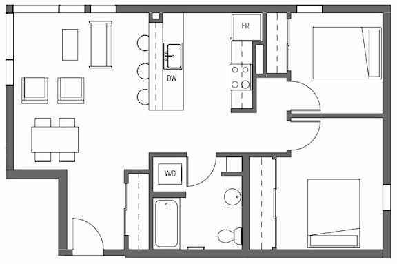A floor plan of a house with a kitchen, living room, and bathrooms at Decibel on 12th, Seattle, Washington