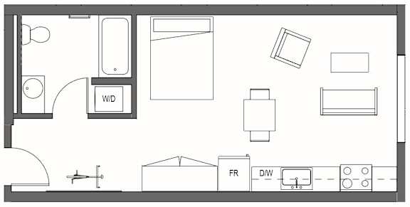 A floor plan of a room with a kitchen area, a living room, and a bathroom at Decibel on 12th, Seattle, Washington