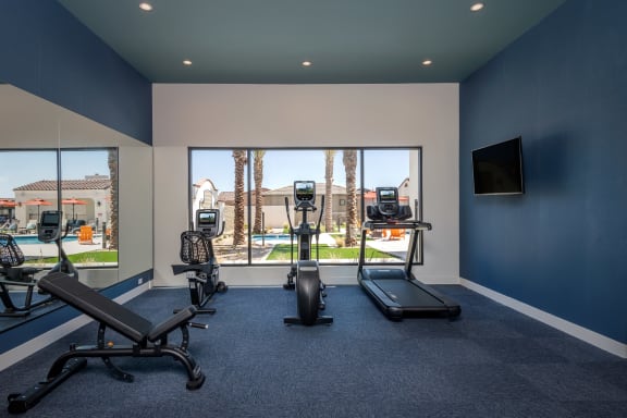 Upgraded fitness center Stainless Steel Appliances and vinyl wood plank flooring at Pillar at Fountain Hills apartments