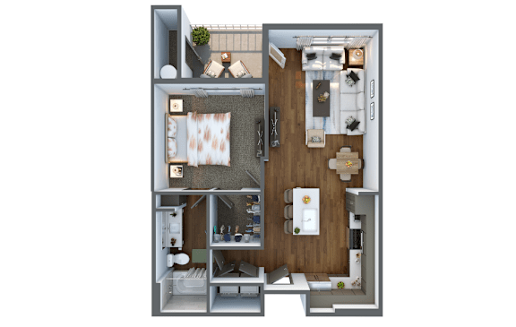 A 3D rendered image of a small apartment layout.