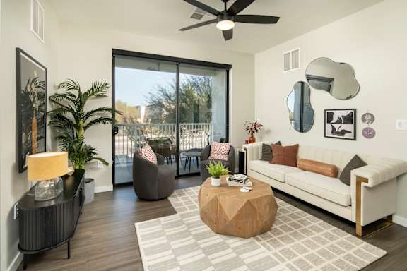 Living Room With Ceiling Fan at Huxley Scottsdale, Scottsdale Arizona