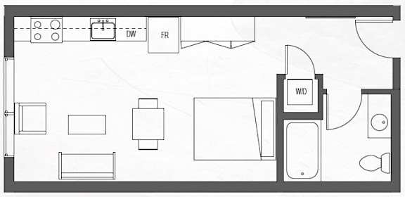 A floor plan of a room with a kitchen area, a living room, and a bathroom.