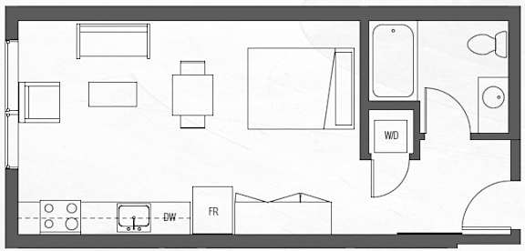 A floor plan of a room with a kitchen area, a living room, and a bathroom.