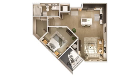 Floor Plan  a 3D floor plan of a home with a bedroom and a living room at Cuvee, Glendale, AZ