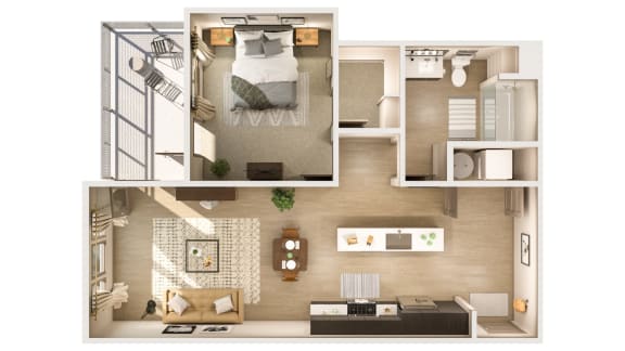 a 3d drawing of a bedroom with a bed and a living room at Cuvee, Glendale