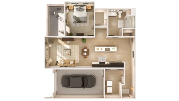 Floor Plan  a 3D floor plan with a car in the bedroom and a living room at Cuvee, Glendale Arizona