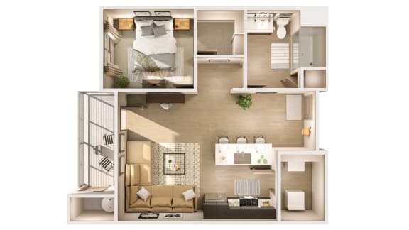 Floor Plan  3D floor plan of the living room of this apartment has a bedroom and a balcony at Cuvee, Arizona