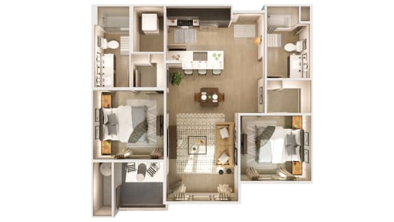 a 3D floor plan with a two bedroom apartment and a living room at Cuvee, Glendale, AZ