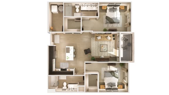 a 3D floor plan with 2 bedrooms and a living room at Cuvee, Glendale Arizona