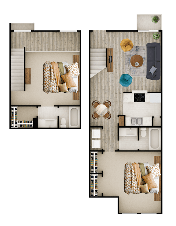 A floor plan of a two-story apartment with a living room, kitchen, and bedrooms.