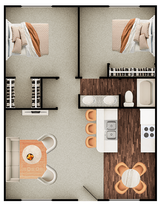 A top-down view of a room with a bed, a couch, a table, and a TV.
