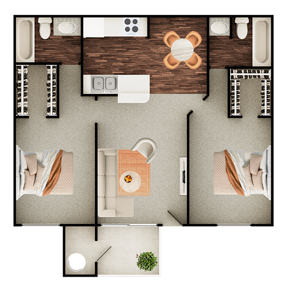 A top-down view of a room with a dining table, chairs, and a couch.