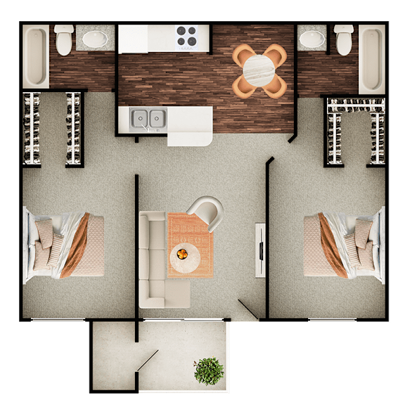 A top-down view of a room with a dining table, chairs, and a kitchen area.