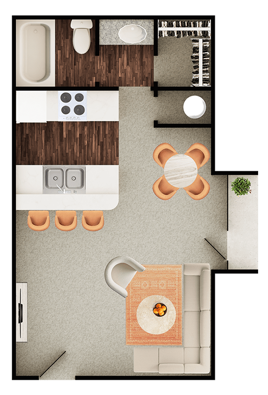 A top-down view of a kitchen with a dining area.