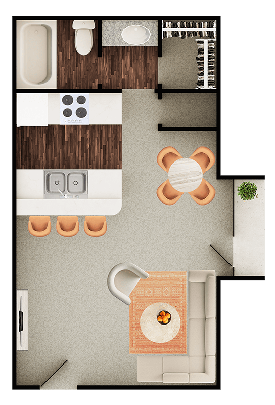 A top-down view of a kitchen with a dining area.