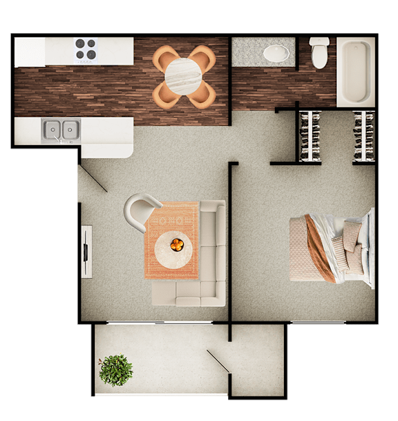 A top-down view of a kitchen with a table and chairs.