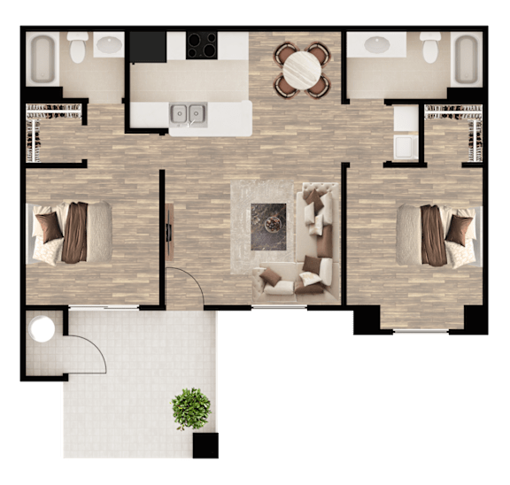 A floor plan of a house with a living room, dining room, kitchen, and bathrooms.
