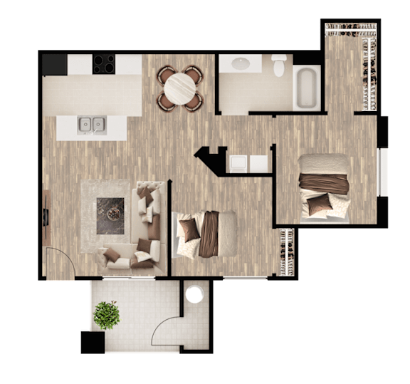 A floor plan of a house with a living room, kitchen, and two bedrooms.
