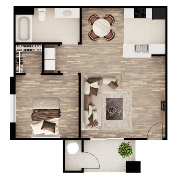 A top-down view of a living room with a couch, coffee table, and a fireplace.