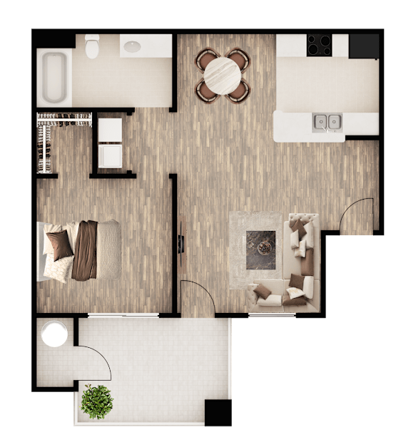 A top-down view of a room with a couch, a coffee table, and a potted plant.