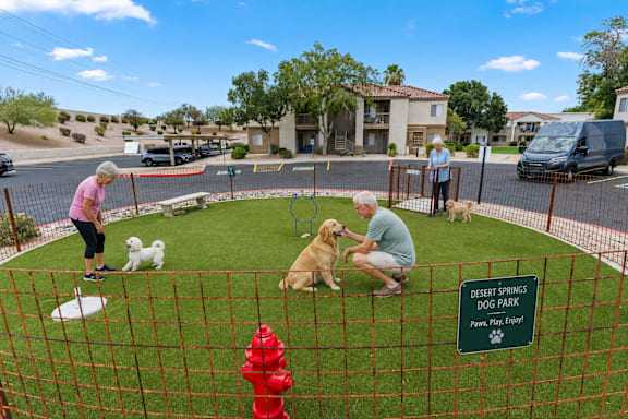 A dog park with a sign that says Desert Springs Dog Park.