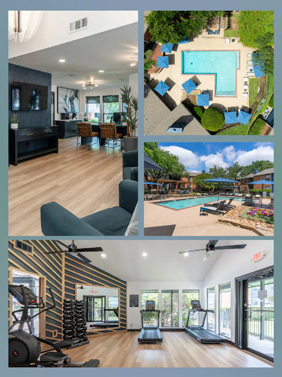A collage of images showcasing a modern home interior with a pool, gym, and living areas.