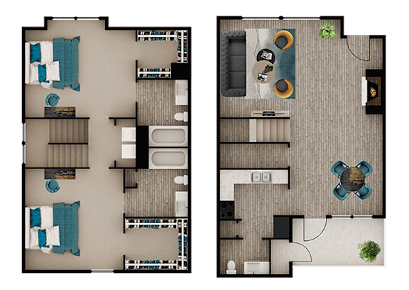 A floor plan of a two-bedroom apartment with a living room and kitchen area.