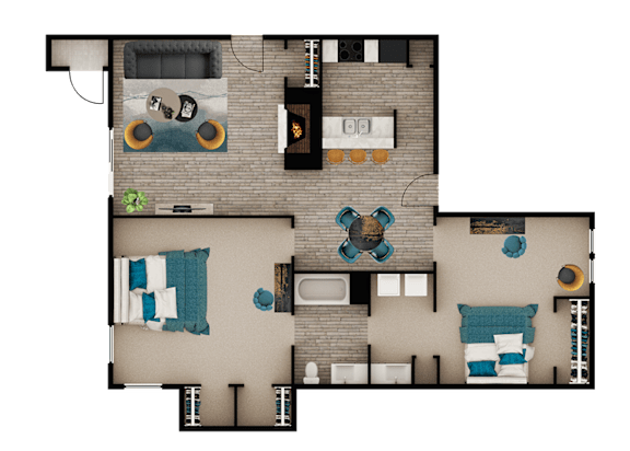 A top-down view of a house layout with two bedrooms, a living room, a kitchen, and a bathroom.